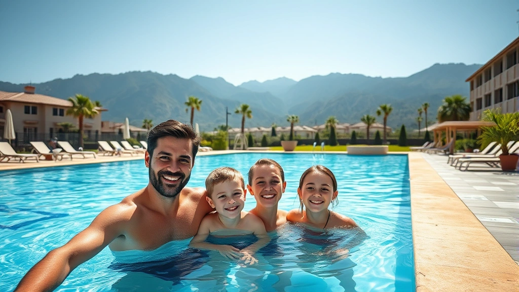 Family enjoying outdoor swimming pool at hotel resort with mountains in background, sunny day, clear blue water, lounge chairs nearby, peaceful residential setting