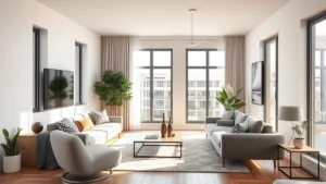 A modern residential apartment interior with contemporary furnishings, natural lighting from windows, showing a living room setup with neutral tones and comfortable seating, photorealistic style, no text or signage visible