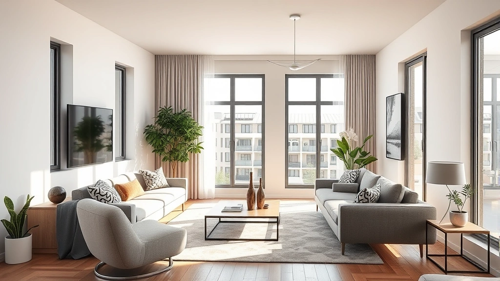 A modern residential apartment interior with contemporary furnishings, natural lighting from windows, showing a living room setup with neutral tones and comfortable seating, photorealistic style, no text or signage visible