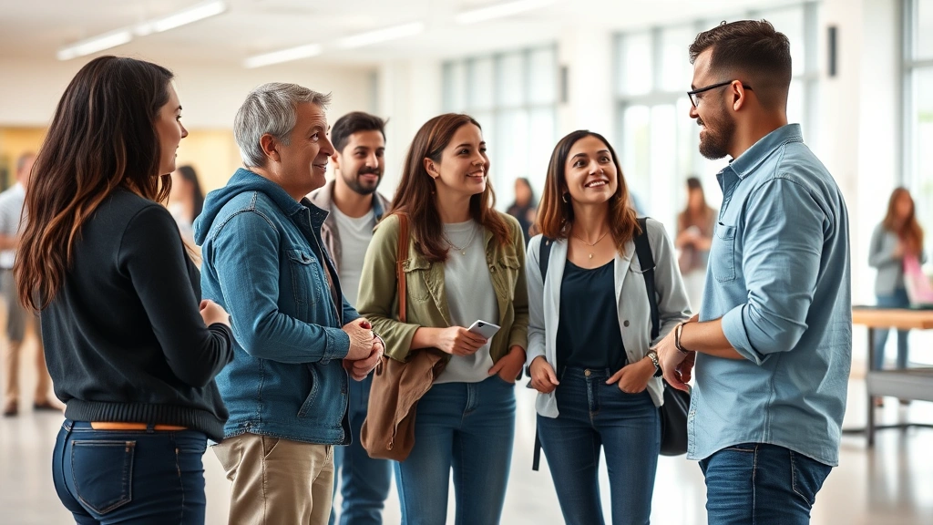 A diverse group of people in casual clothing having a conversation in a bright, clean community space or common area, showing positive interpersonal interaction and body language, photorealistic, no identifiable text