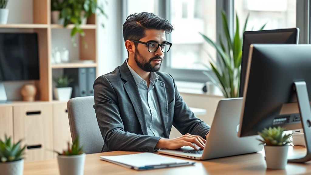 A professional individual in business casual attire sitting at a desk with a laptop, appearing focused and independent, in a well-organized workspace with plants and natural light, photorealistic, no visible text on screens or documents