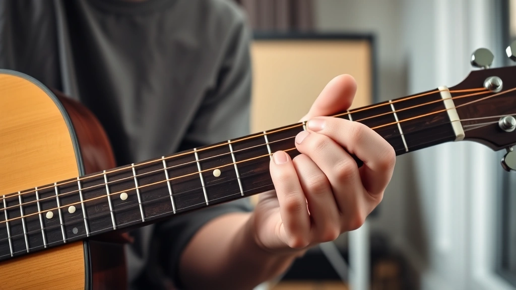 Close-up of guitarist's hands positioned on acoustic guitar neck showing proper finger placement for B minor and F# major chord shapes, natural lighting from studio window, shallow depth of field focusing on fingers