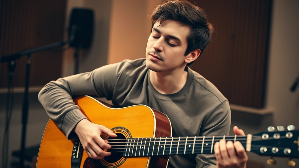 Experienced guitarist performing with eyes closed, mid-practice session with acoustic guitar, professional studio setting with soft warm lighting, showing concentrated posture and hand positioning