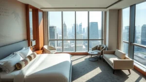 Modern luxury hotel room with contemporary furniture, floor-to-ceiling windows overlooking cityscape, premium bedding, minimalist design aesthetic, natural lighting, sleek wood accents, no text or signage visible