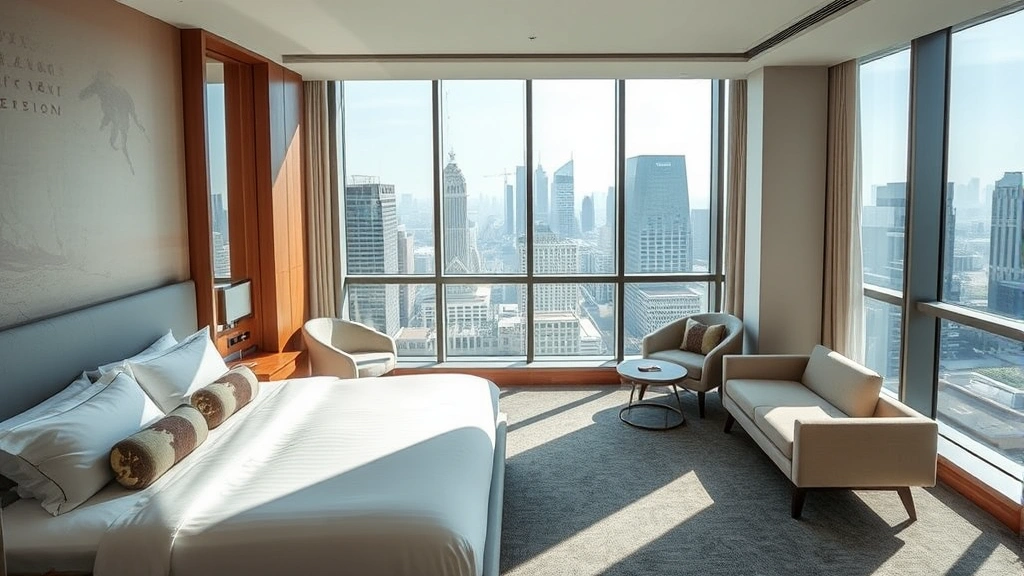 Modern luxury hotel room with contemporary furniture, floor-to-ceiling windows overlooking cityscape, premium bedding, minimalist design aesthetic, natural lighting, sleek wood accents, no text or signage visible