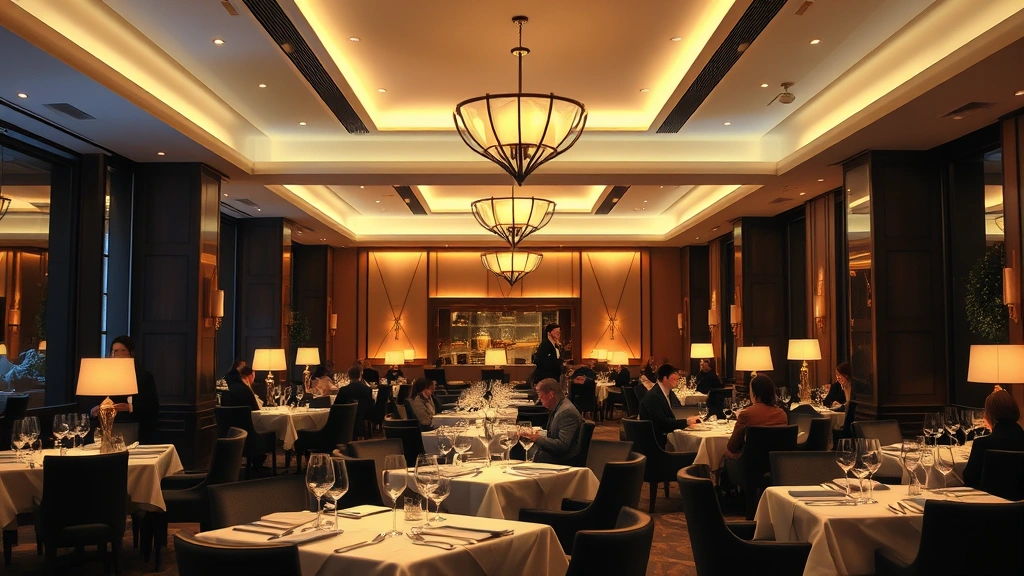 Elegant fine dining restaurant interior with sophisticated table settings, ambient warm lighting, high ceilings, contemporary décor, guests dining, professional service staff, upscale ambiance, no visible signage or text