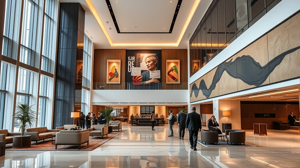 Upscale hotel lobby with modern architectural design, comfortable seating areas, contemporary art installations, polished floors, sophisticated lighting design, guests mingling, no text or building numbers visible
