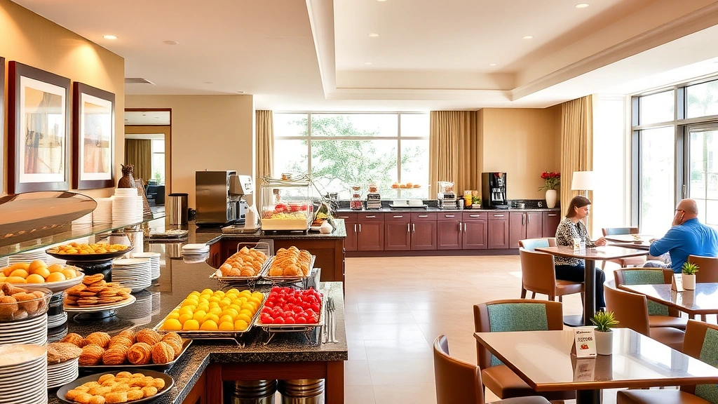 Bright hotel breakfast buffet area with fresh pastries, fruit platters, hot food items, coffee station, and dining tables with guests seated, morning sunlight through windows