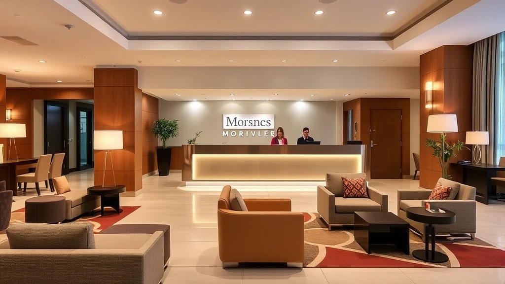 Contemporary hotel lobby with comfortable seating area, front desk with staff assisting guest, warm neutral tones, modern lighting fixtures, welcoming atmosphere, no visible branding text