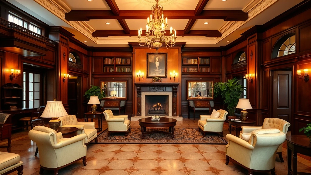 Luxurious colonial-style hotel lobby with period furnishings, elegant chandelier, fireplace, and comfortable seating areas, warm lighting, no text or signage visible