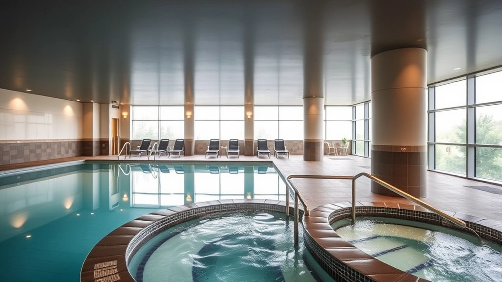 Modern hotel spa and wellness center with indoor heated pool, hot tub area, lounge chairs, contemporary design, natural light from windows, empty of people