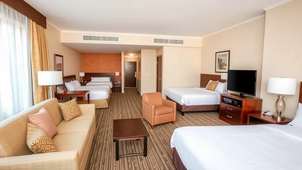 Spacious hotel family suite with separate living room area, comfortable seating, multiple beds visible, warm décor, bright natural lighting, clean and inviting atmosphere