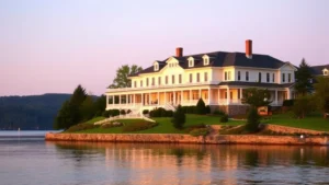 Serene lakeside view of Otsego Lake with elegant historic hotel building featuring white columns and manicured gardens, golden hour lighting, residential architecture style, no signage or text visible