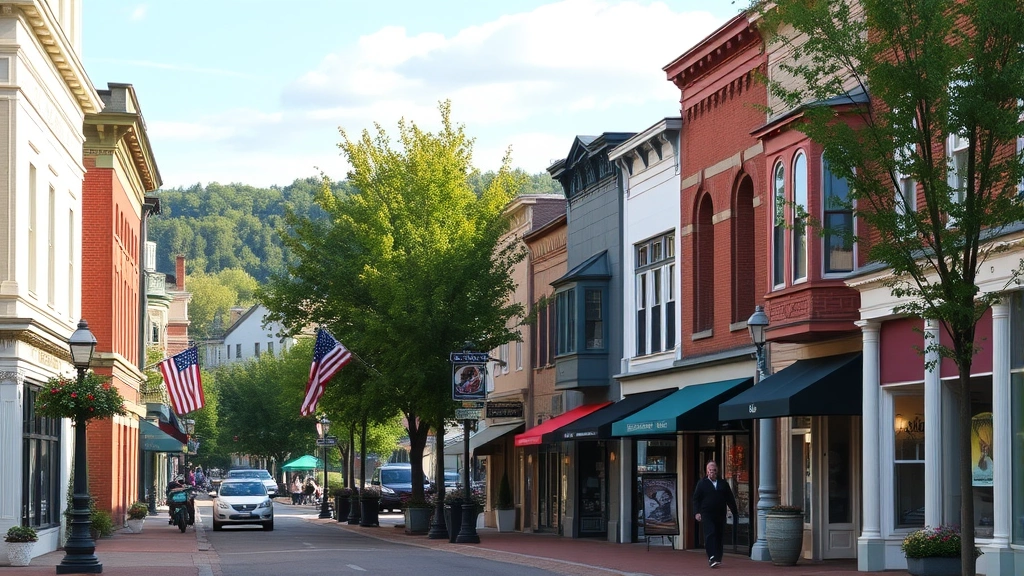 Downtown Cooperstown street scene with charming buildings, tree-lined sidewalks, and pedestrians walking toward cultural attractions, vibrant community atmosphere, no street signs or addresses visible