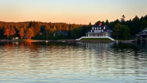 Serene waterfront view of Otsego Lake with elegant resort building reflected in calm water at golden hour, trees lining shoreline, no people visible, peaceful residential atmosphere