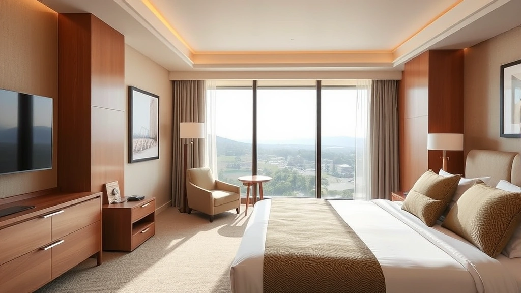 Modern hotel room interior with comfortable king bed, warm neutral tones, large window overlooking scenic landscape, clean contemporary furnishings, inviting hospitality setting