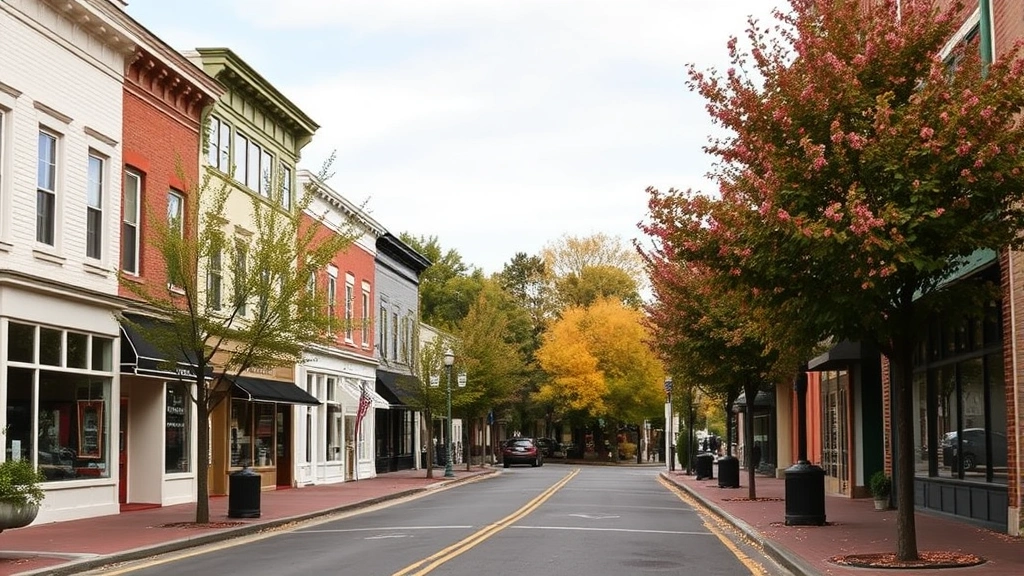 Charming downtown village street with historic buildings, tree-lined sidewalks, storefronts, peaceful pedestrian area, autumn foliage, welcoming small-town ambiance, no visible signage or addresses