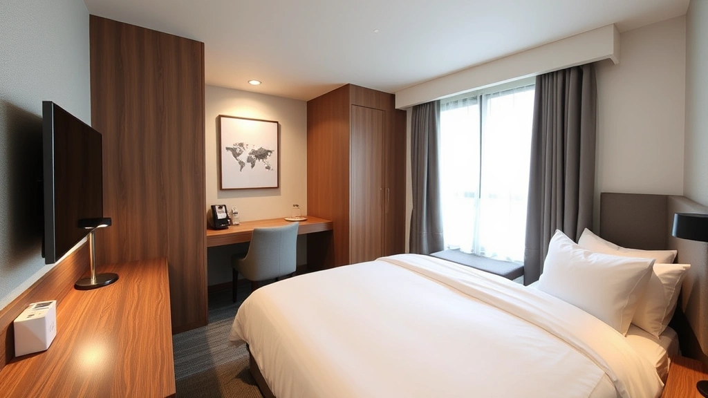 Modern mid-range hotel room with Japanese minimalist design, comfortable bed with white linens, wooden desk, compact but well-organized space, warm neutral lighting, clean and contemporary furnishings, professional business hotel aesthetic