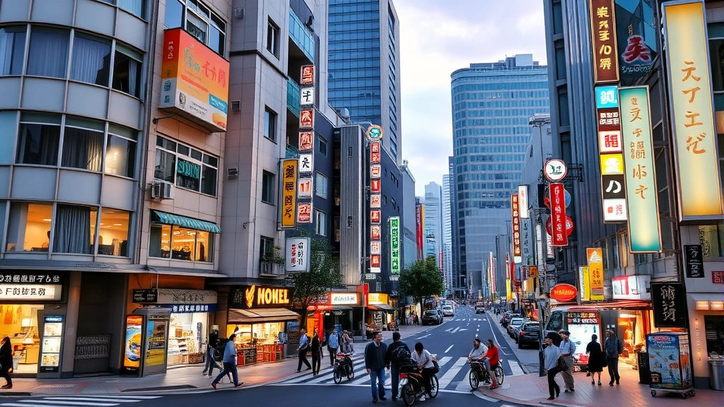 Osaka city street view from hotel area showing busy urban intersection with pedestrians, convenience stores, local restaurants, modern buildings, evening lighting, authentic Japanese urban neighborhood scene, safe and accessible street environment