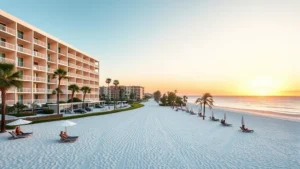 Scenic beachfront hotel exterior with white sandy beach, turquoise Gulf waters, palm trees, and guests relaxing on beach chairs under umbrellas at sunset