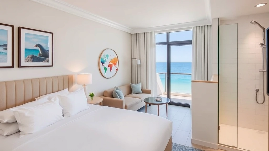 Modern hotel room interior with coastal decor, comfortable bed with white linens, ocean view window, and contemporary bathroom with shower