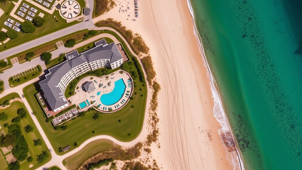 Aerial view of beachfront resort property with pool area, manicured grounds, private beach access, and nearby coastal dunes with beach grass