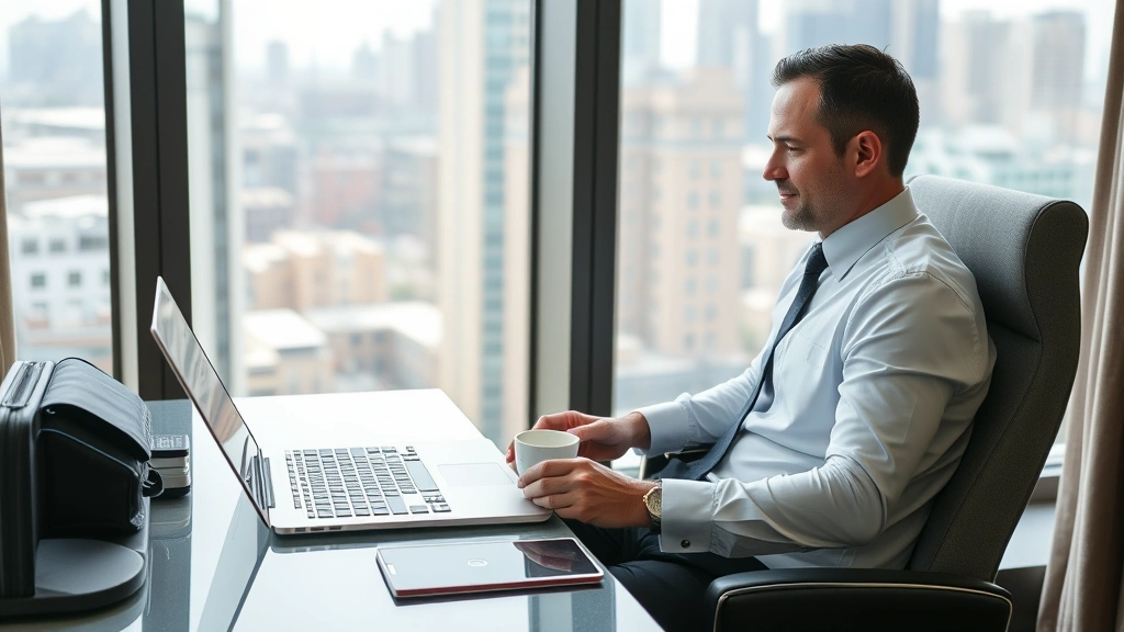 Business traveler sitting at hotel desk working on laptop with coffee cup, professional workspace setup, comfortable chair, window view of cityscape in background, natural daylight