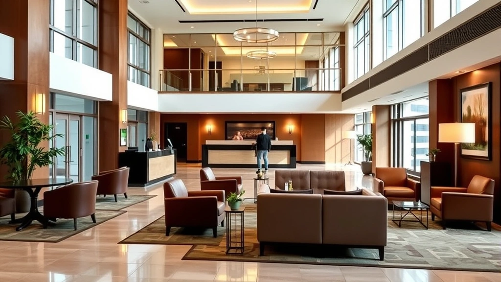 Hotel lobby reception area with check-in counter, comfortable seating areas, contemporary design, natural lighting, professional and welcoming atmosphere, empty of people