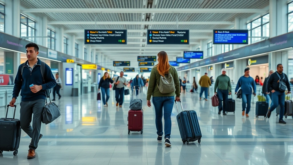 Busy airport terminal with travelers walking with luggage, showing the context of international layover scenarios where dayuse hotels provide rest solutions