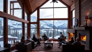 Modern Alaskan lodge interior with large windows overlooking snow-capped mountain peaks, comfortable seating area, warm lighting, cozy fireplace with people relaxing