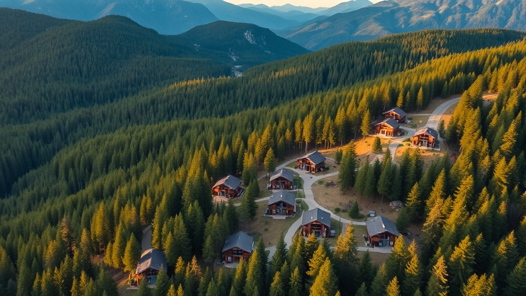 Aerial view of wilderness cabin resort nestled among dense forest and mountains, multiple cabin structures, winding paths, pristine natural landscape, golden hour lighting