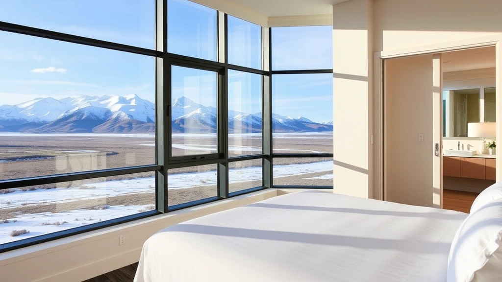 Contemporary hotel room with panoramic window view of Denali mountain range, queen bed with quality bedding, modern bathroom visible, minimalist decor, natural daylight