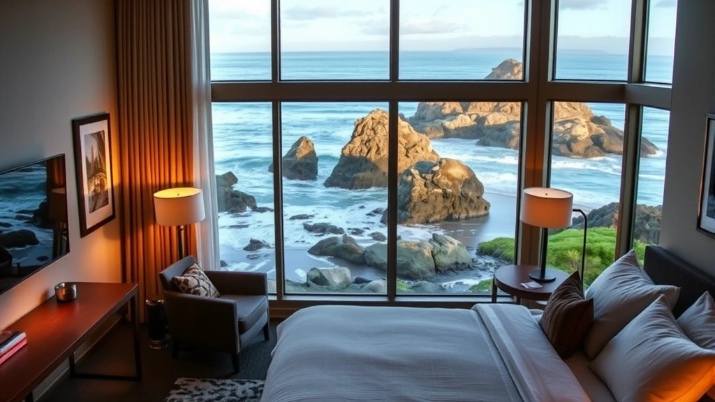 Cozy modern hotel room with large windows overlooking rocky Oregon coastline and Pacific Ocean, warm lighting, contemporary furnishings, ocean waves visible in background