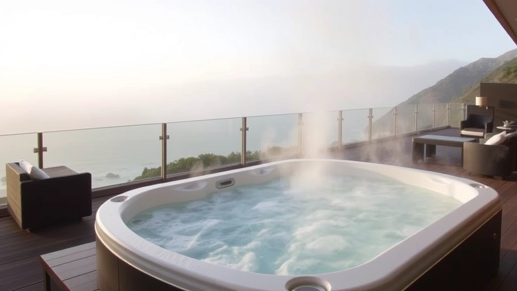 Luxurious hotel hot tub or spa area on outdoor deck overlooking misty ocean horizon, steam rising, comfortable seating, coastal fog in background, peaceful atmosphere