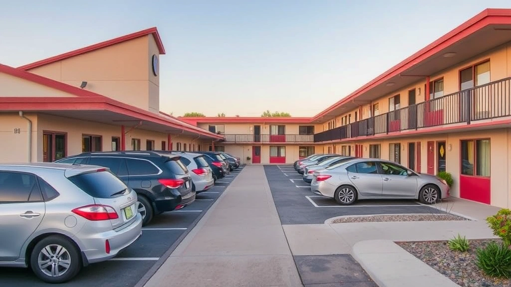 Modern motel exterior with distinctive single-story design, exterior corridor walkway, parked vehicles directly in front of rooms, ground-level architecture, daytime lighting, clean grounds with landscaping