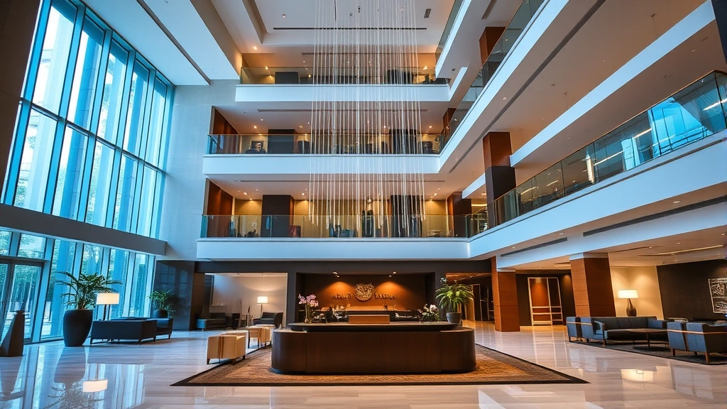 Contemporary hotel lobby interior featuring high ceilings, multiple floors visible, elegant furnishings, concierge desk area, professional ambiance, modern lighting, spacious reception area