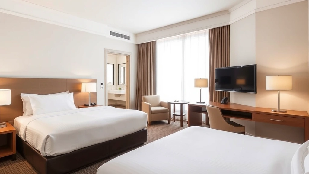 Hotel room interior showing quality bedding, contemporary design elements, modern bathroom visible through open door, comfortable seating area, flat-screen television, upscale décor, warm lighting