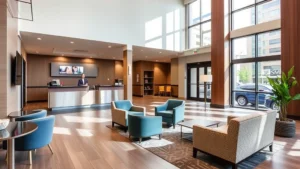 Modern budget hotel lobby with contemporary furnishings, comfortable seating areas, and bright natural lighting, featuring a clean reception desk and welcoming atmosphere in an Atlanta-style urban setting