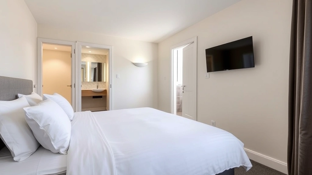 Comfortable, clean hotel room with modern queen bed, contemporary bathroom visible through open door, neutral color palette, flat-screen TV, and natural window light showcasing practical budget accommodation design