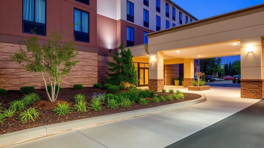 Hotel exterior courtyard or entrance area with landscaping, modern architectural elements, guest parking visible in background, daytime lighting highlighting property maintenance and curb appeal