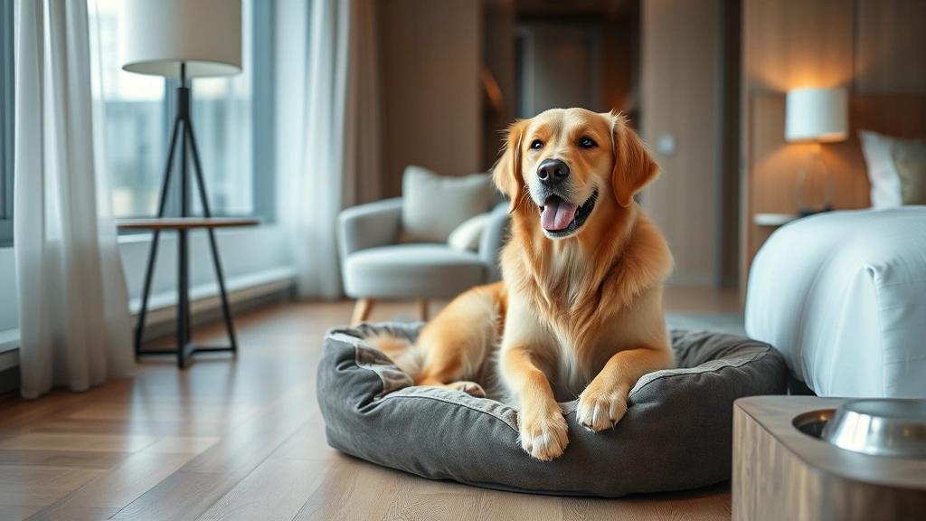 A golden retriever sitting comfortably on a plush dog bed in a modern hotel room with soft lighting, wooden flooring, and a water bowl nearby, looking relaxed and happy
