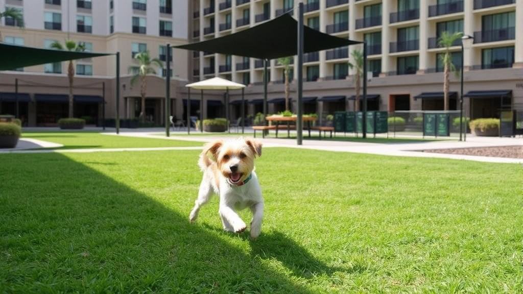 A terrier mix playing in a spacious hotel courtyard dog park area with grass, shade structures, and waste stations visible, with the hotel building in the background