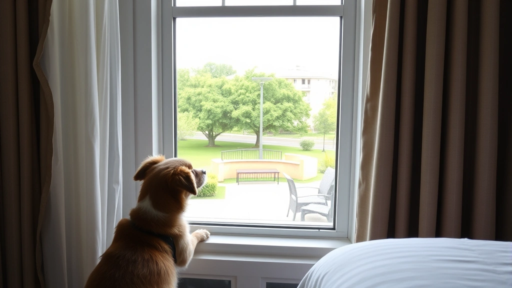 A small dog looking out a ground-floor hotel room window with a view of a green outdoor relief area, showing the dog's excitement about the scenic surroundings