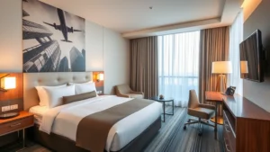 Modern hotel room with comfortable bed, contemporary furnishings, and soft lighting in a contemporary airport hotel setting