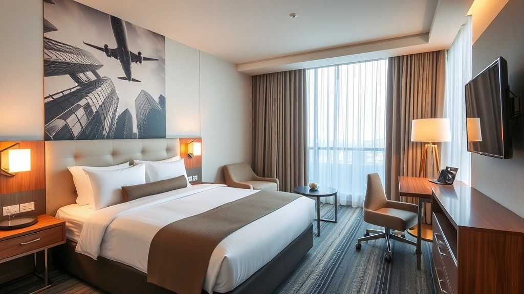 Modern hotel room with comfortable bed, contemporary furnishings, and soft lighting in a contemporary airport hotel setting