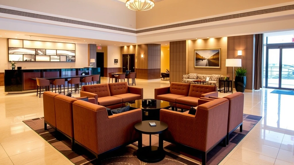 Spacious hotel lobby with comfortable seating areas, reception desk, and modern decor typical of international airport hotels