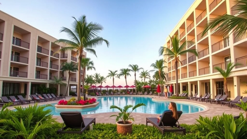 Hotel outdoor pool area with lounge chairs, tropical landscaping, and guests relaxing during daytime