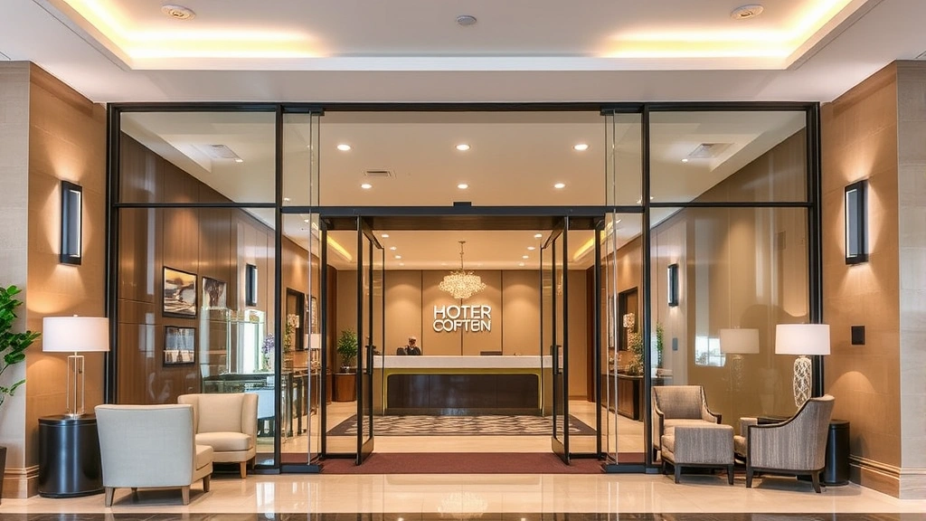 Hotel lobby entrance with glass doors, check-in desk area, comfortable seating, modern lighting fixtures, professional business environment