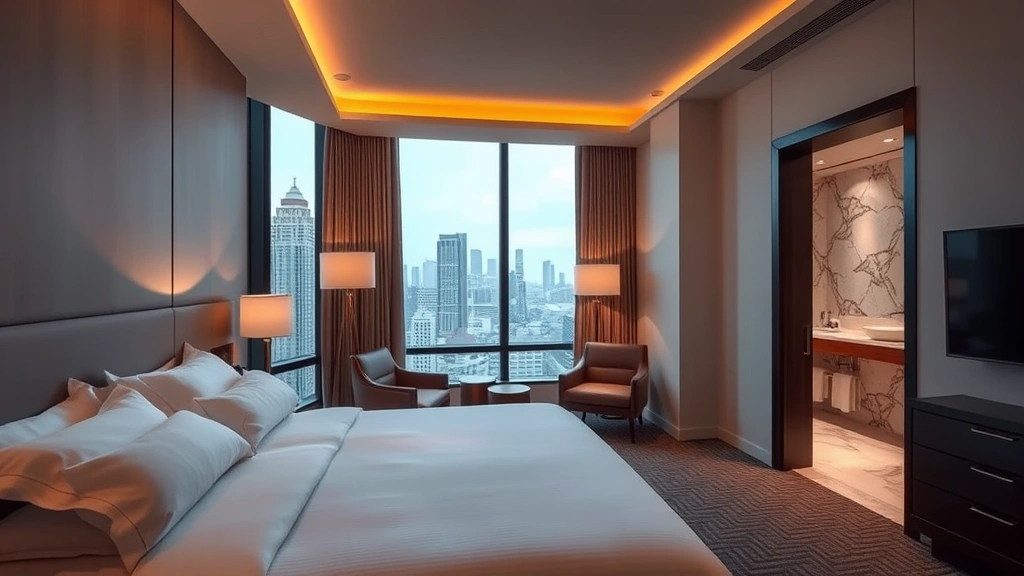 Luxury hotel room interior with king bed, contemporary furnishings, floor-to-ceiling windows showing downtown cityscape view, marble bathroom visible through open door, ambient lighting, modern minimalist design aesthetic