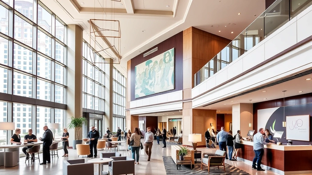 Downtown hotel lobby with high ceilings, modern seating areas, reception desk, contemporary artwork, multiple guests checking in and exploring space, natural light from large windows, upscale but welcoming atmosphere